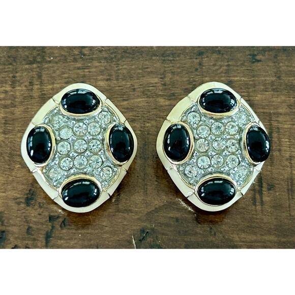 Vintage Black Enamel Cabochon Rhinestone Chunky Clip-On Earrings 1990s - Picture 1 of 7